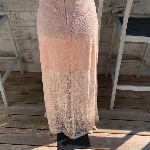 Vintage Hand Sewn Peach Sheer Lace Maxi Dress Long Gown - Picture 12 of 16
